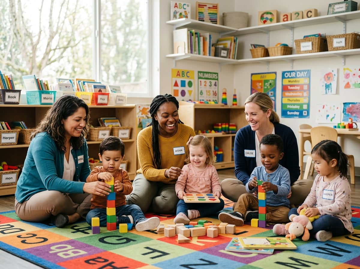 Early childhood education teachers engaging with young children in a bright classroom
